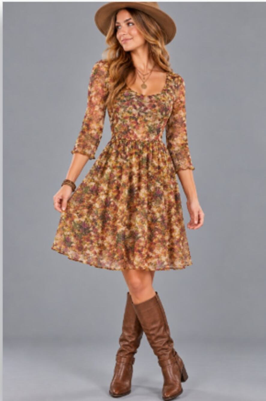 American Rag Floral Boho Open Back Dress Brown Olive Size Small
